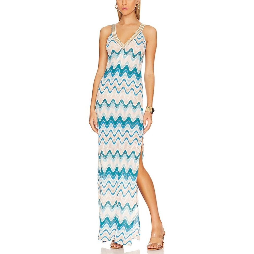 Luli Fama Elegant Aqua Gold Trim Maxi Dress Size M